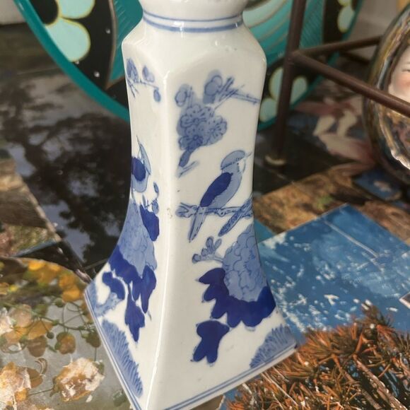 Vintage Chinoiserie Blue And White Candlestick Holder 9" - Picture 4 of 16